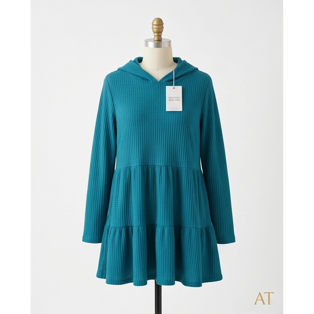 Avenue 14 Nola Waffle Weave Long Knit Tunic Hoodie Teal Blue NWT